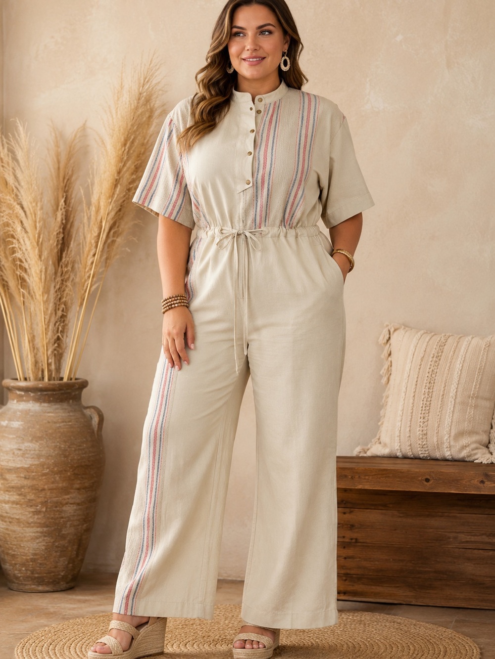 Rejina Pyo Millie Jumpsuit button-front design Cream Striped Drawstring Sz 12/8